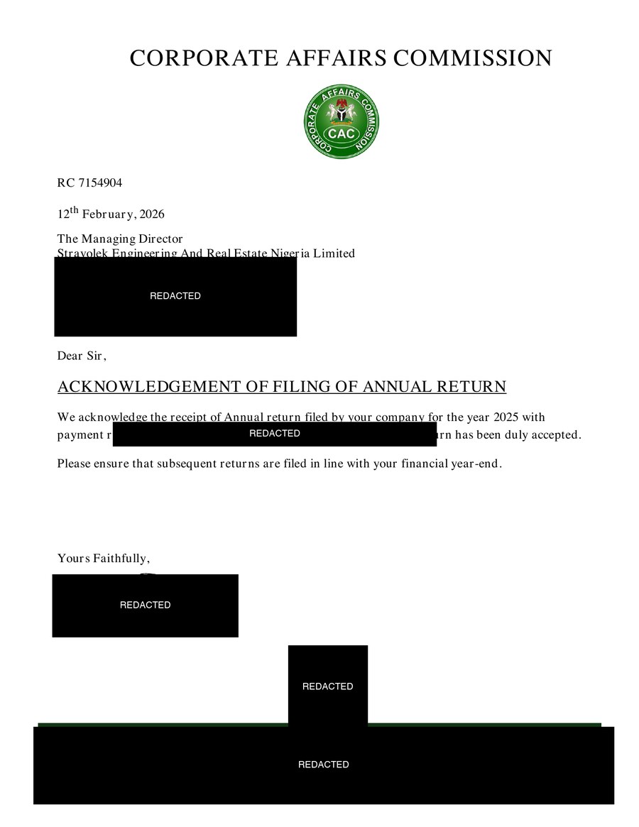 Redacted CAC annual return acknowledgement for Stravolek Engineering