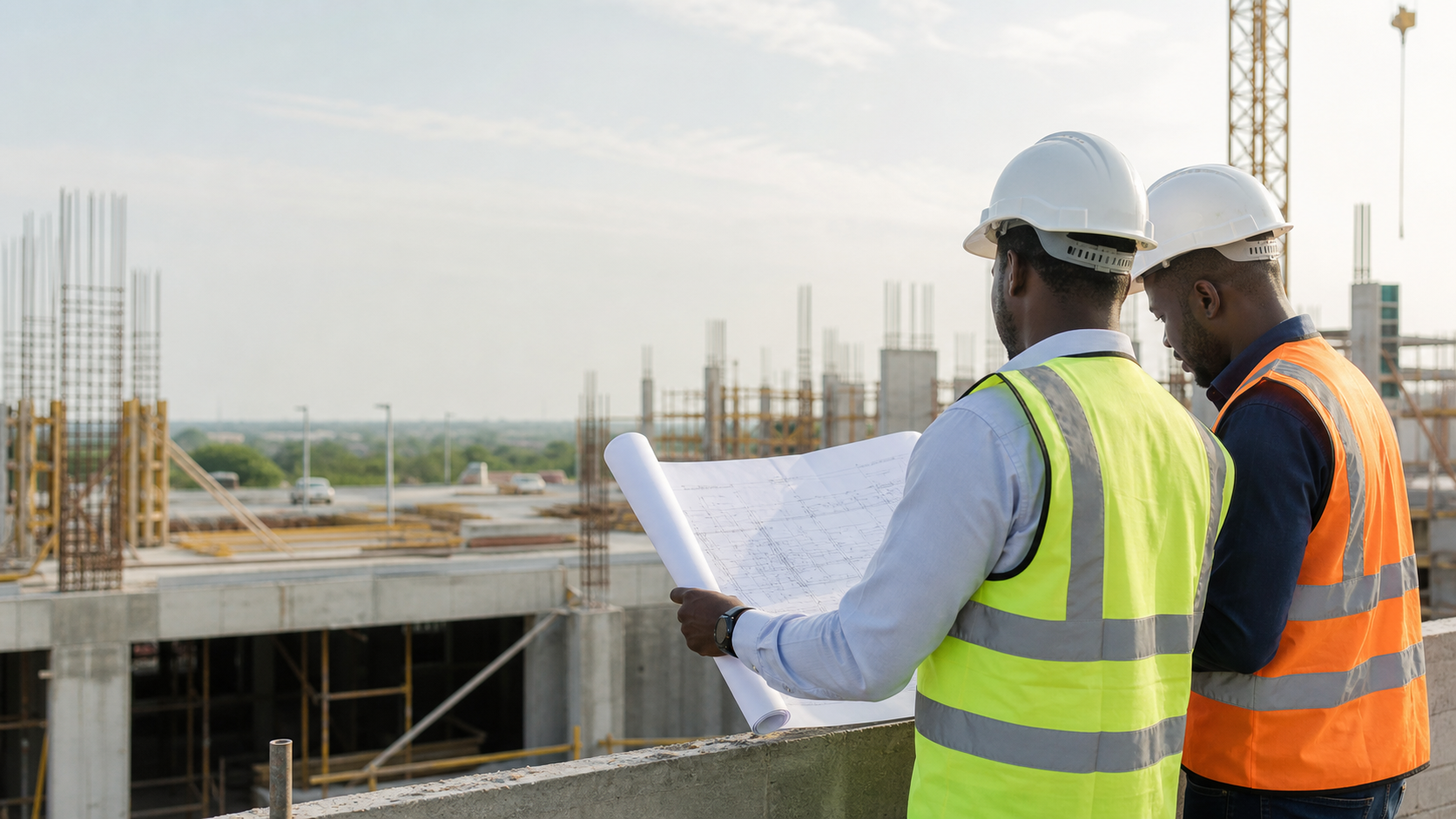 Engineers reviewing drawings on a construction site