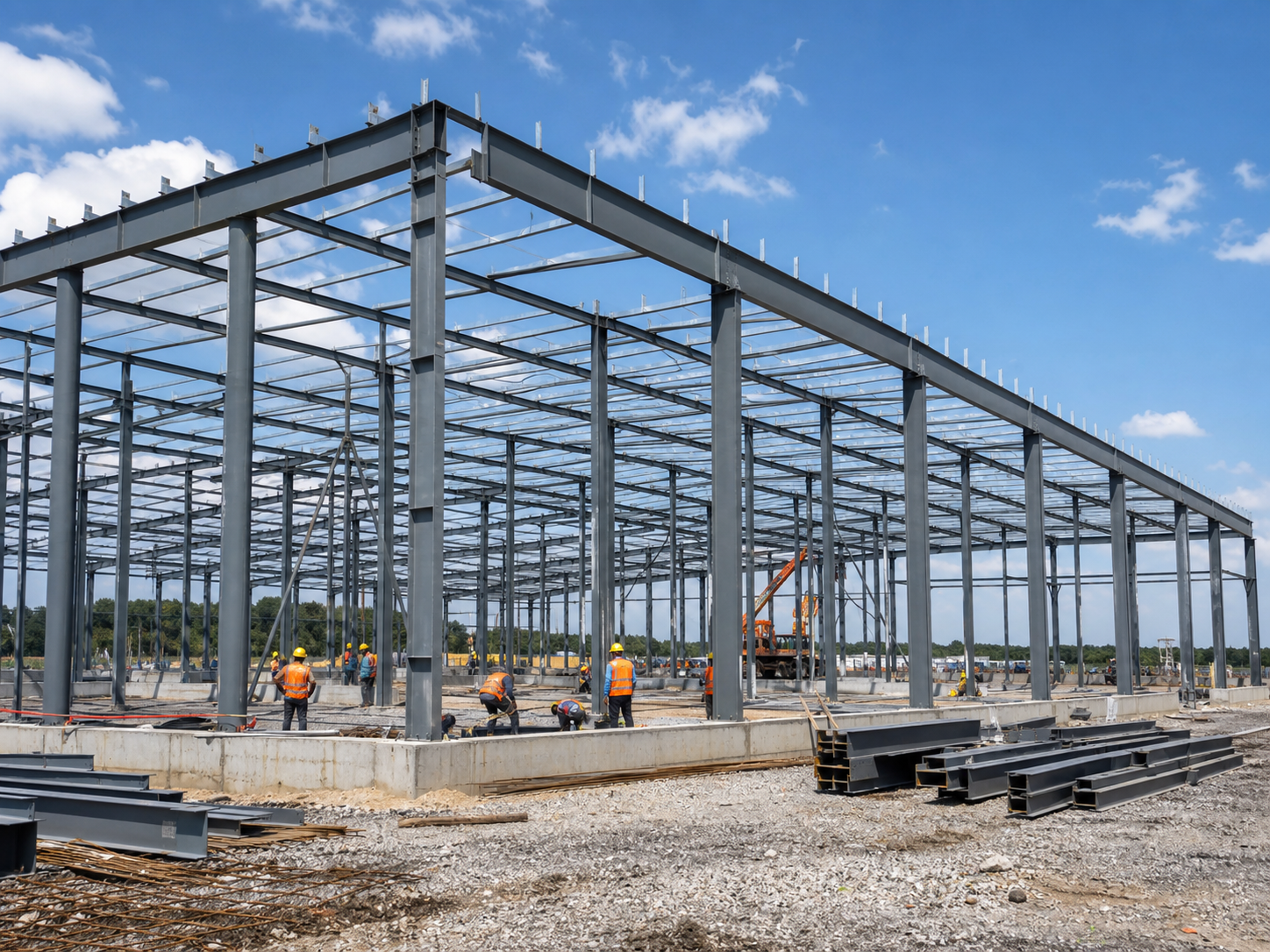 Steel warehouse frame under construction